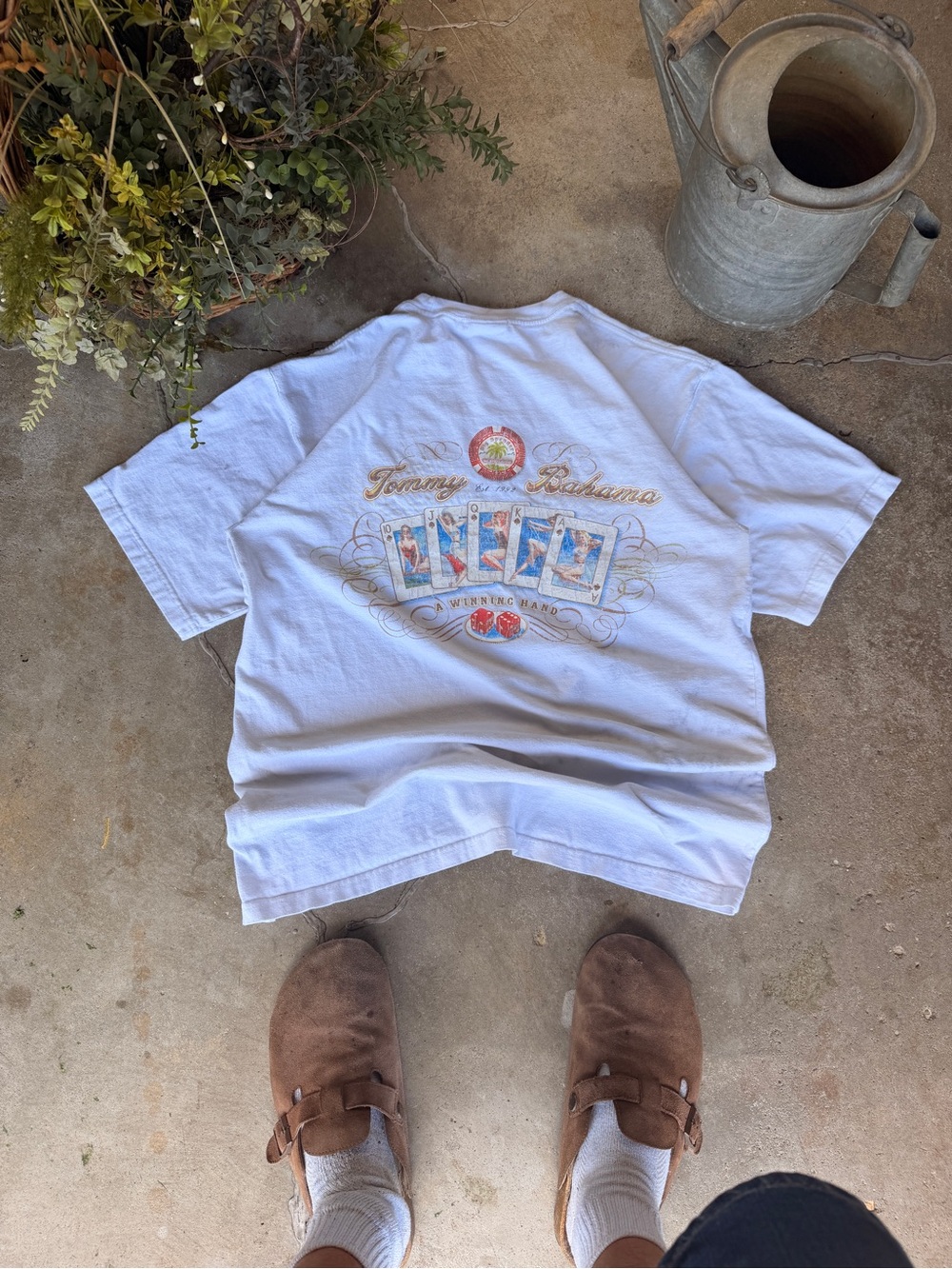 Tommy Bahama White Graphic Short Sleeve Tee with Pastel Beach Print